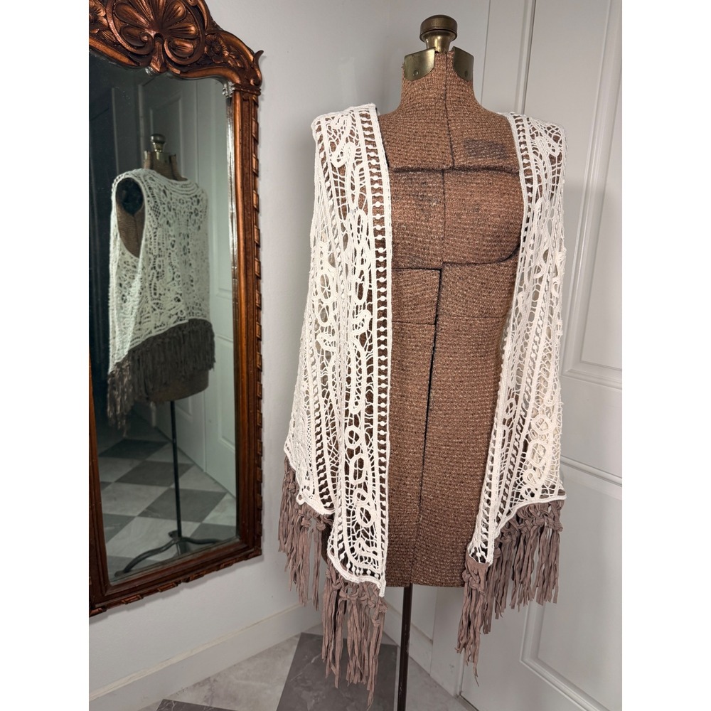 Cato Womens Crochet Lace Fringe Vest Cream Brown Boho Open Front Size M